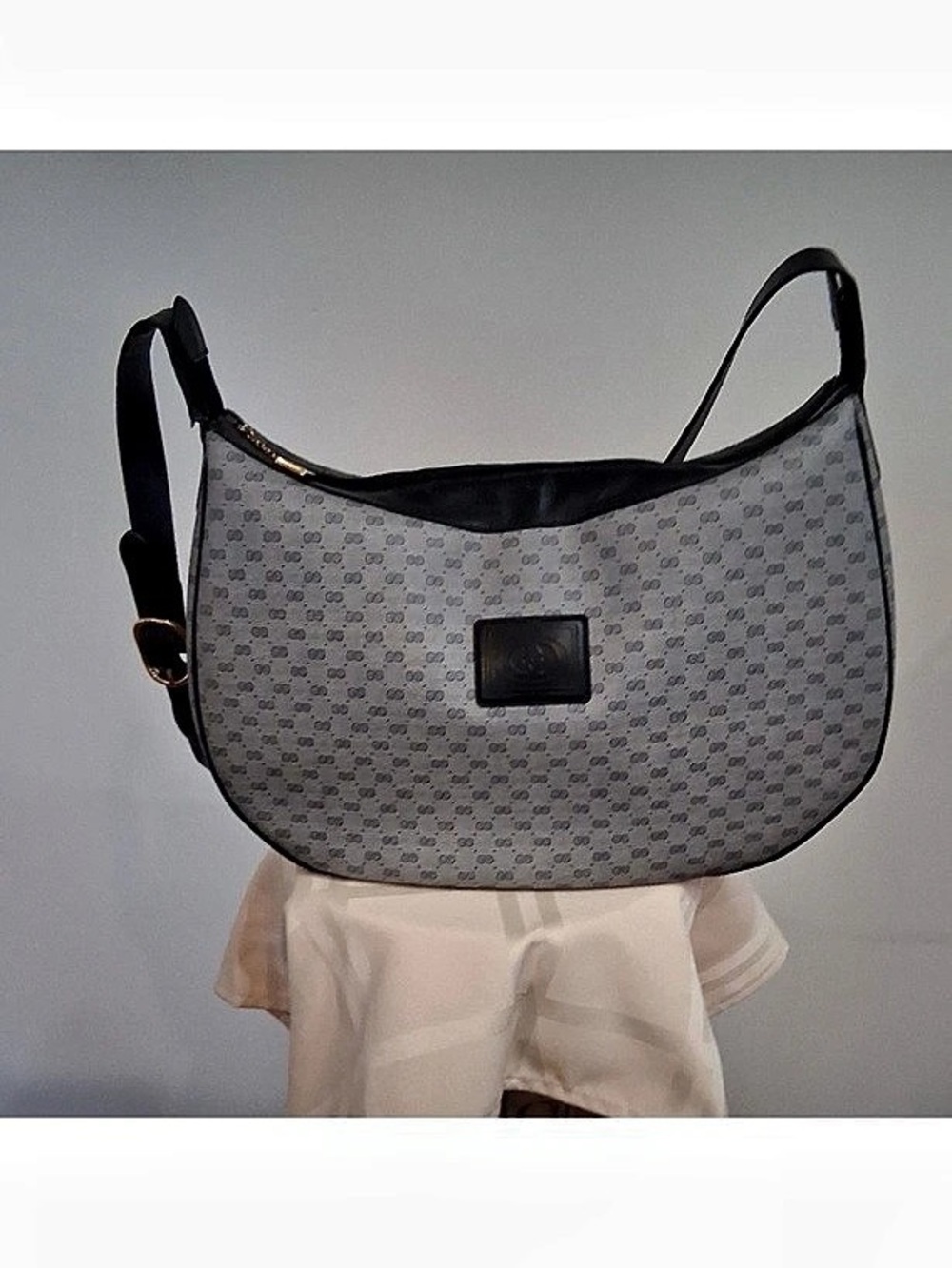 Gucci Monogram Micro GG Crescent Shoulder Bag in Gray & Black